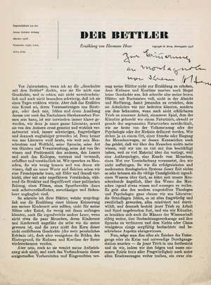 Lot 3684, Auction  107, Hesse, Hermann, Der Bettler. Erzählung. Mit Widmung.
