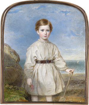 Lot 6857, Auction  112, Easton, Reginald, Paar Kinderminiaturen: George Charles Herbert (1862-1952), später 4. Earl of Powis, in Meereslandschaft stehend und eine Krabbe und einen Spaten haltend, und seine Schwester Magdalen Lucy Herbert (1864-1957) in Landschaft sitzend und einen Vogel haltend