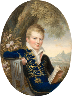 Lot 6559, Auction  118, Hummel de Bourdon, Carl Ludwig, Miniatur Portrait des jugendlichen Grafen Ladislas Zamoyski mit Buch in Landschaft sitzend