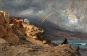 Lot 6097, Auction  119, Koerner, Ernst Carl Eugen, "Einsamkeit": Südliche Küstenpartie mit Regenbogen und Rückenfigur