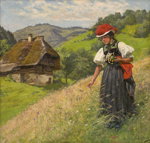 Lot 6109, Auction  122, Liebich, Curt, Bergwiese im Schwarzwald mit blumenpflückendem Mädchen in Tracht mit Bollenhut