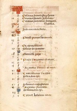 Lot 1024, Auction  125, Kalendarium, Kalendarium. Blätter aus einem spätmittelalterlichen Stundenbuch in lateinischer Handschrift auf Pergament. Frankreich um 1480