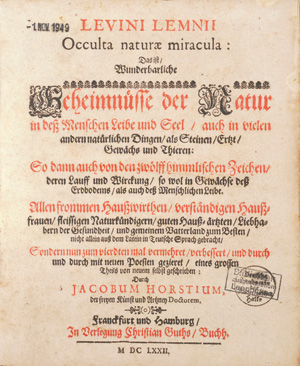 Lot 475, Auction  126, Lemnius, Levinus, Occulta naturae miracula
