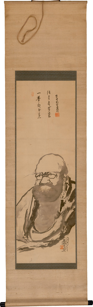Lot 606, Auction  126, Bodhidharma, Japanisches Kakemono-Rollbild mit der Darstellung eines Mönchs. Schwarze Tusche auf Leinen