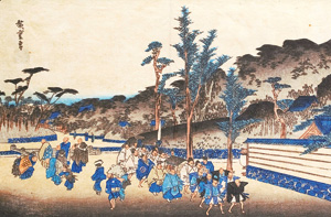 Lot 621, Auction  126, Hiroshige, Ando Ichiryusai, Zug eines Daimyo. Aus d. Serie "Tôto Meisho" (japonice: Berühmte Ansichten Edos). Shiba Shimmei, Sanoya Kihei, um 1838  