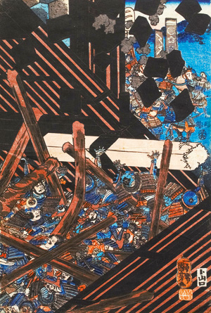 Lot 656, Auction  126, Kampfszenen und Kuniyoshi, Utagawa, 4 Ukiyo-e Farbholzschnitte, meist von Utagawa Kuniyoshi. Edo (Tokio) Mitte 19. Jahrhundert 