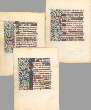 Lot 1011, Auction  126, Dornblattranken-Bordüren, 3 Doppellagen aus einem spätmittelalterlichen Stundenbuch in lateinischer Handschrift 