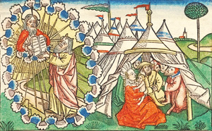 Lot 1061, Auction  126, Koberger-Bibel, Einzelblatt aus der "Neunten deutschen Bibel". Mit koloriertem Holzschnitt von Moses, der die Gesetzestafeln von Gott empfängt. Nürnberg, Anton Koberger, 1483