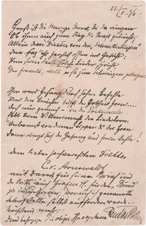 Lot 2538, Auction  126, Rilke, Rainer Maria, Frühes Gedichtmanuskript auf Postkarte. Mit Beilagen. 1896