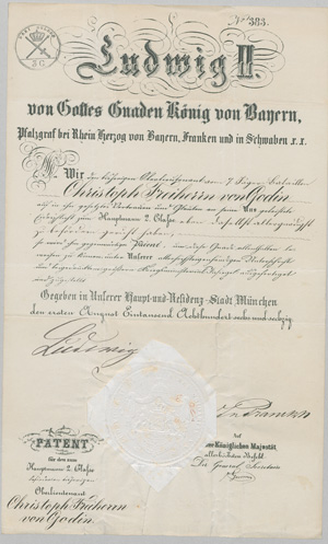 Lot 2574, Auction  126, Bayern., Urkunde: Patent als Hauptmann 2. Classe.1866