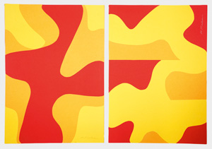 Lot 3167, Auction  126, Iizuka, Hashiro, 2 abstrakte signierte Farbcollagen in Gelb, Orange und Rot