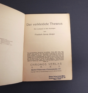 Los 3259 - Jünger, Friedrich Georg - Der verkleidete Theseus. Berlin 1934. - Erste Ausgabe. - Unverkäufliches Manuskript - 2 - thumb