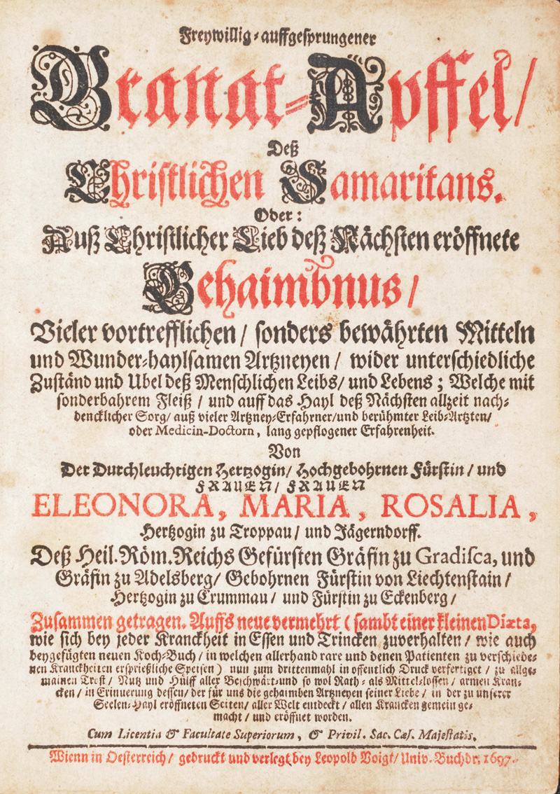 Lot 400, Auction 126, Troppau und Jäg, Eleonora Maria Rosalia Herzogin zu, Freywillig auffgesprungener Granat-Apffel deß christlichen Samaritas
