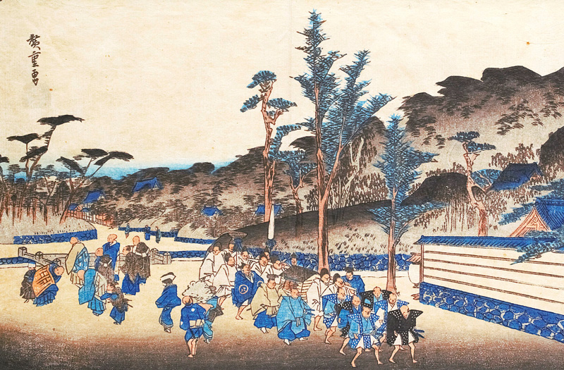 Lot 621, Auction 126, Hiroshige, Ando Ichiryusai, Zug eines Daimyo. Aus d. Serie "Tôto Meisho" (japonice: Berühmte Ansichten Edos). Shiba Shimmei, Sanoya Kihei, um 1838