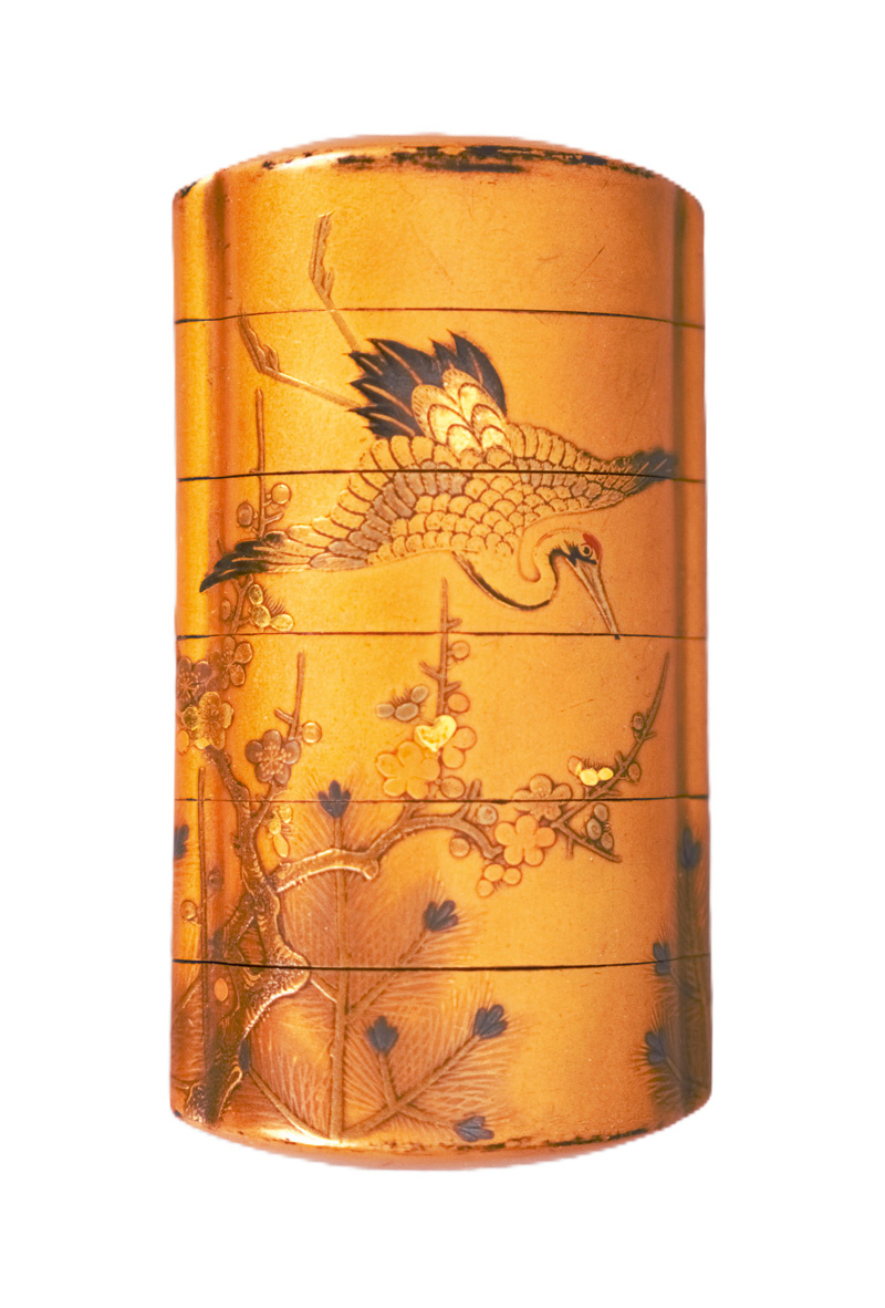 Lot 636, Auction 126, Inrô mit Kranichdekor, 6-teiliges Aufbewahrungs-Behältnis, signiert"Kajikawa saku"