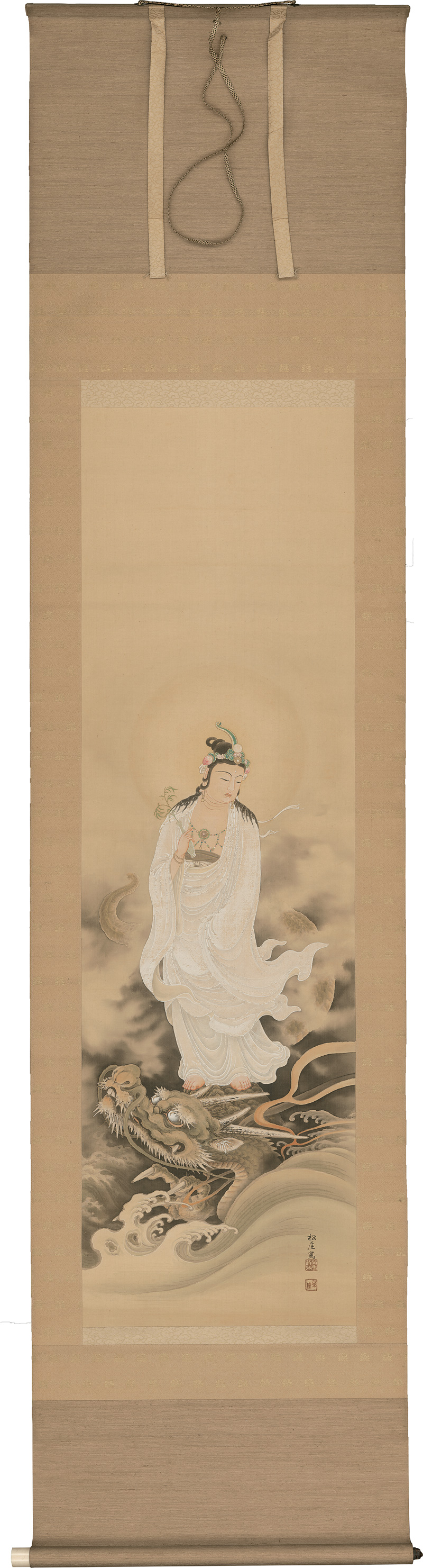 Lot 646, Auction 126, Kannon auf dem Drachen, Japanisches Kakemono-Rollbild der buddhistischen Schutzgottheit