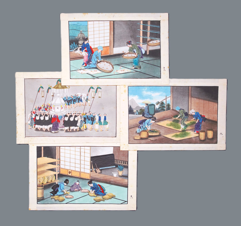 Lot 683, Auction 126, Traditionelle japanische Berufe, 4 farbige Originalzeichnungen. Format Koban yoko-e (13,5 x 21 cm).