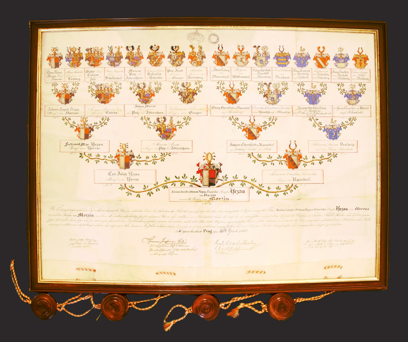 Lot 1051, Auction 126, Herzan von Harasov, Wappenstammbaum der Gräfin Aloisia, Josepha Johanna Hrzan von Harras. Deutsche Handschrift auf Pergament