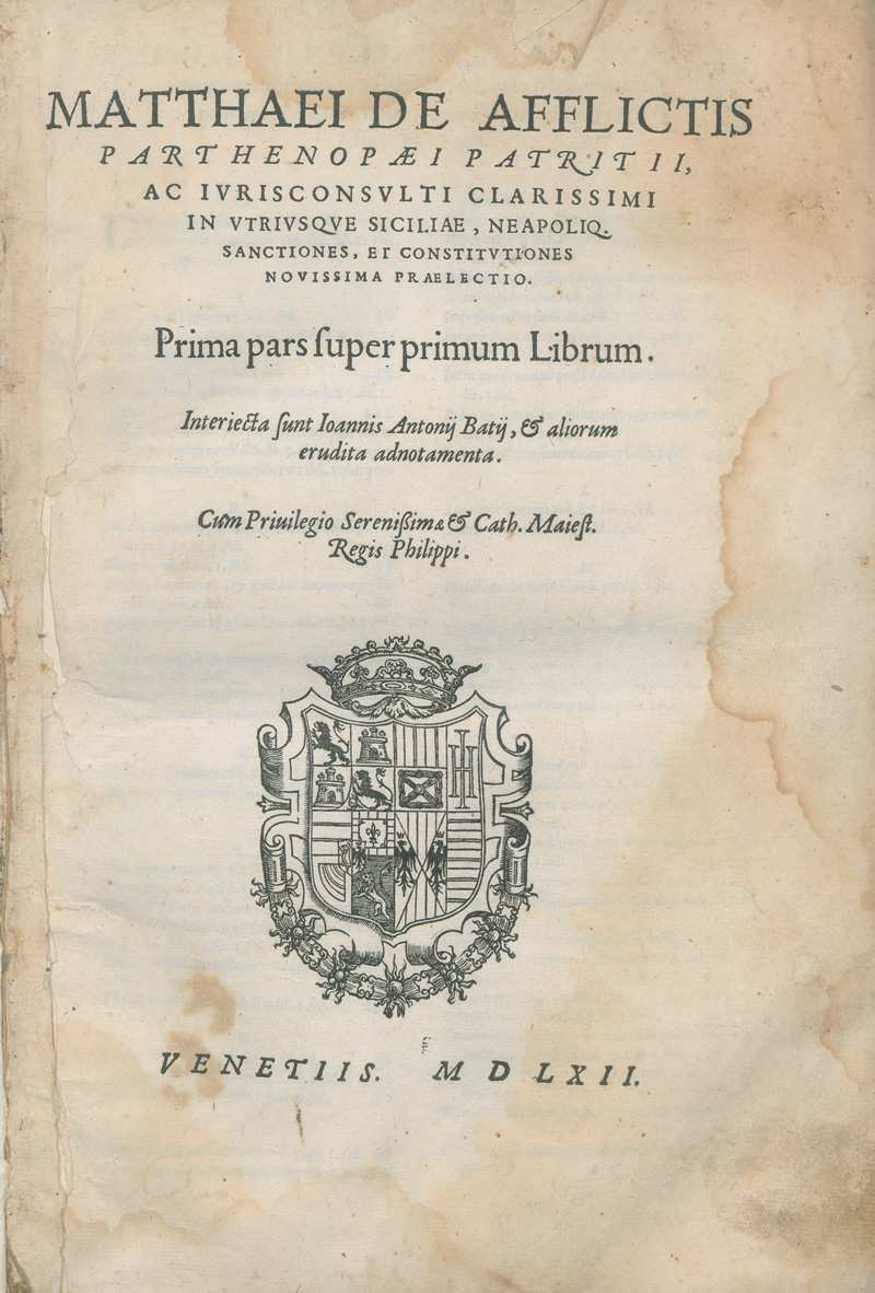 Lot 1101, Auction 126, Afflitto, Matteo de, In utriusque Siciliæ, Neapoliq. sanctiones, & constitutiones novissima prælectio. Prima pars super primum librum