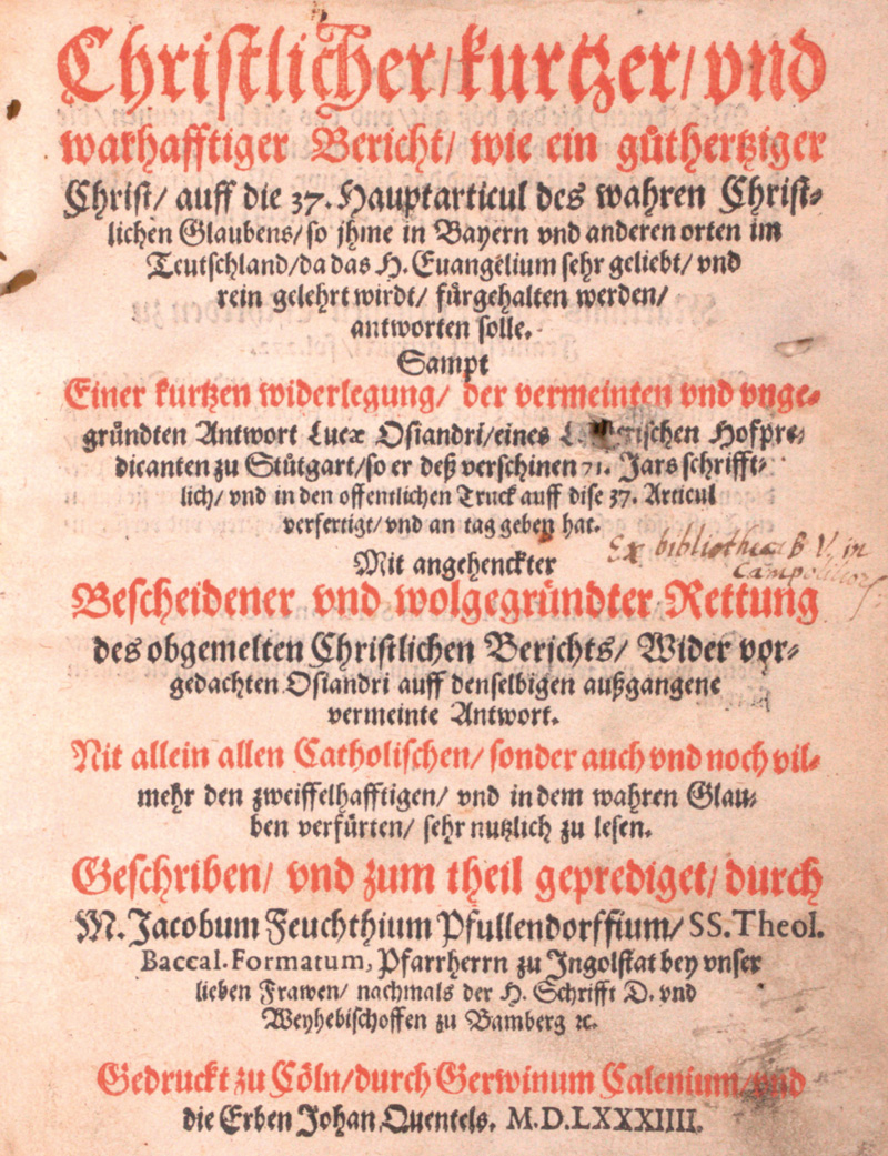 Lot 1131, Auction 126, Feucht, Jacobus, Christlicher, kurtzer und warhafftiger Bericht, wie ein gutherziger Christ auff die 37. Hauptarticul .. antworten solle