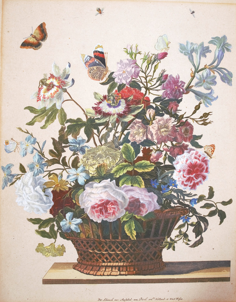 Lot 1267, Auction 126, Schenk, Peter, Kolorierter Nachdruck eines Kupferstichs mit prachtvollem Blumenbouquet