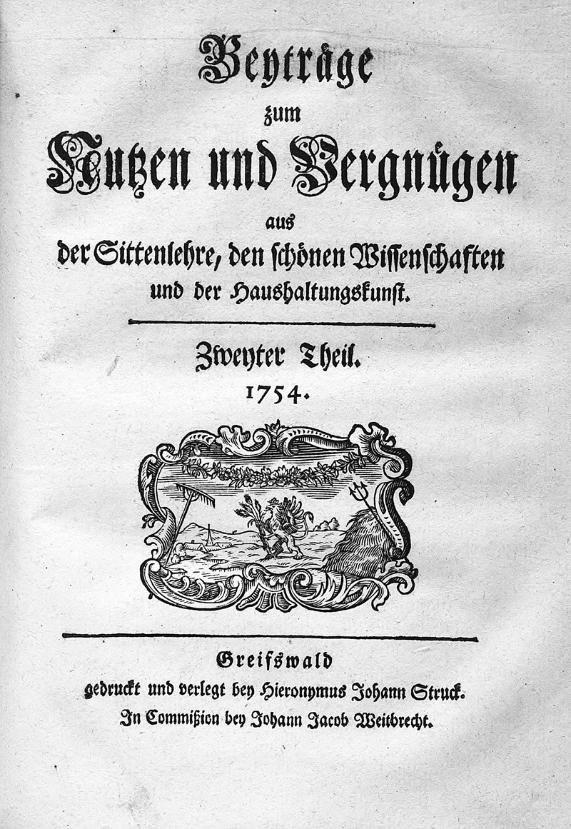 Lot 2014, Auction  126, Dähnert, Johann Carl, Beyträge zum Nutzen und Vergnügen aus der Sittenlehre