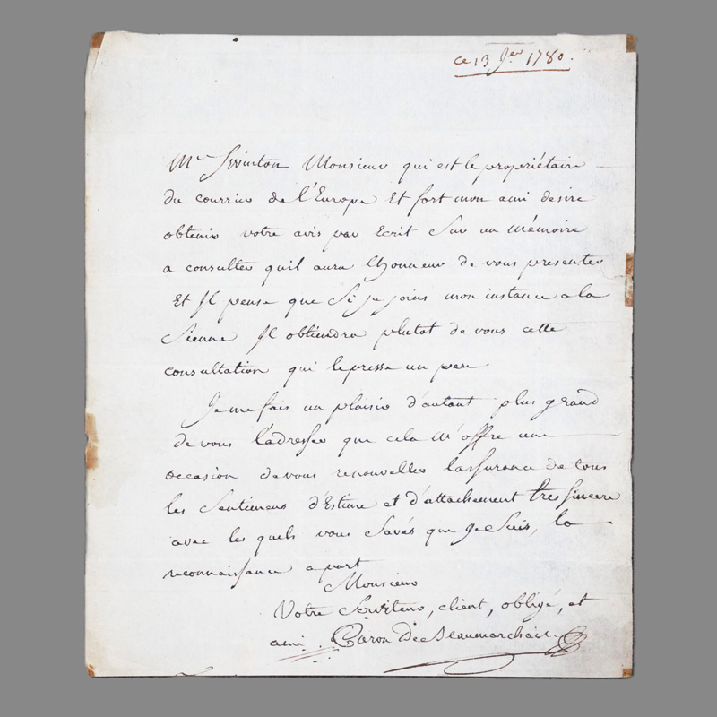 Lot 2504, Auction 126, Beaumarchais, Pierre Augustin Caron de, Brief an einen Redakteur. 1780
