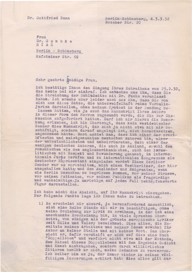 Lot 2508, Auction 126, Benn, Gottfried, Verteidigungsbrief an einen Rundfunksender. 1952