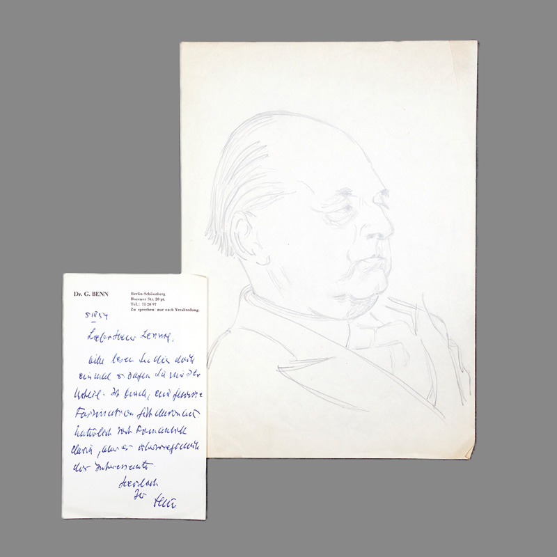 Lot 2512, Auction 126, Benn, Gottfried, Brief an Walter Lennig sowie Porträtzeichnung. 1954