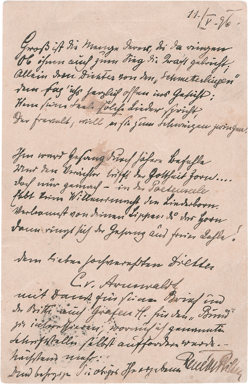 Lot 2538, Auction 126, Rilke, Rainer Maria, Frühes Gedichtmanuskript auf Postkarte. Mit Beilagen. 1896