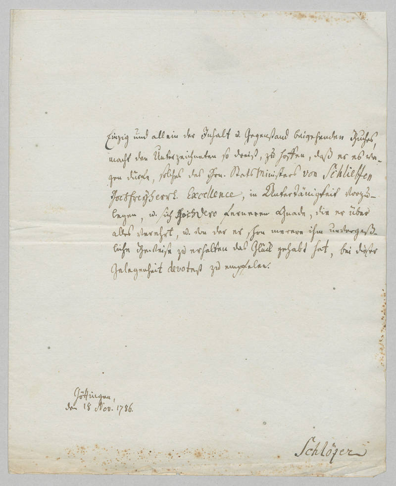 Lot 2540, Auction 126, Schlözer, August Ludwig von, Brief aus Göttingen an den Minister von Schlieffen. 1786