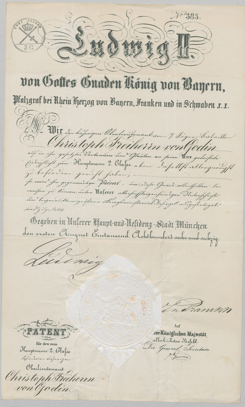 Lot 2574, Auction  126, Bayern., Urkunde: Patent als Hauptmann 2. Classe.1866