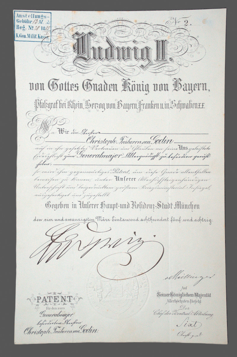 Lot 2575, Auction  126, Bayern., Urkunde: Patent als Generalmajor für Oberst von Godin. 1885