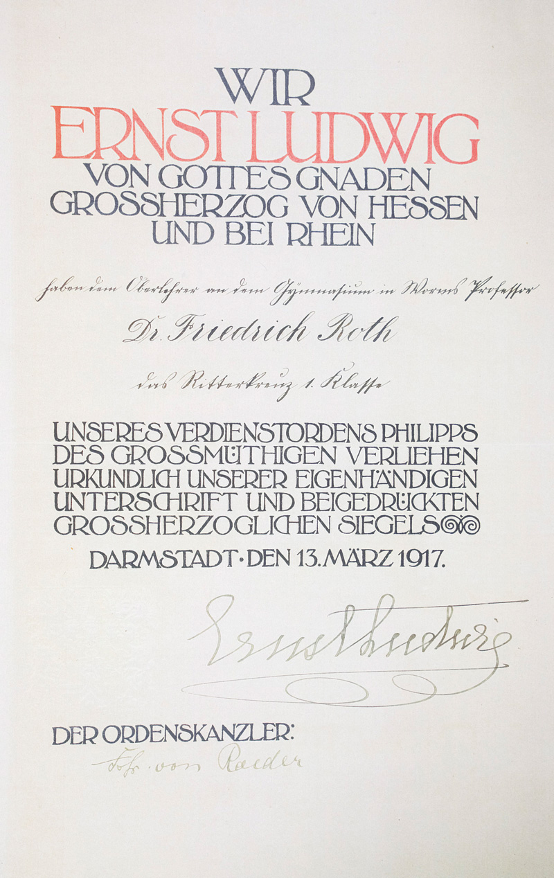 Lot 2579, Auction  126, Ernst Ludwig, Großherzog von Hessen-Darmstadt, Verleihung des Ritterkreuzes 1. Kl. 1917