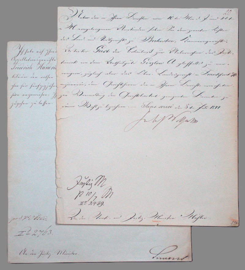Lot 2585, Auction 126, Friedrich Wilhelm IV., König von Preußen, 2 Briefe an preußische Justizminister. 1844-1854