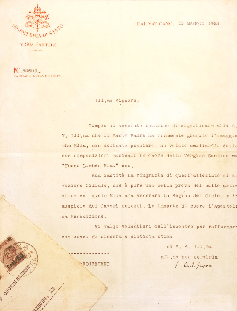 Lot 2587, Auction 126, Gasparri, Pietro Kardinal, Brief an den Komponisten Philipp Franz.1924