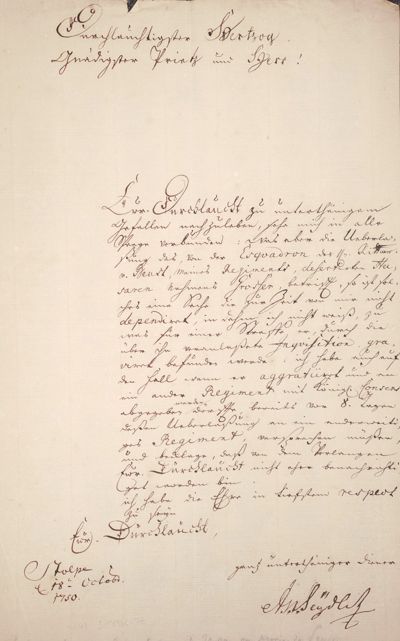 Lot 2600, Auction  126, Seydlitz, Alexander Gottlieb von, Brief an einen Prinzen über einen Deserteur. 1750