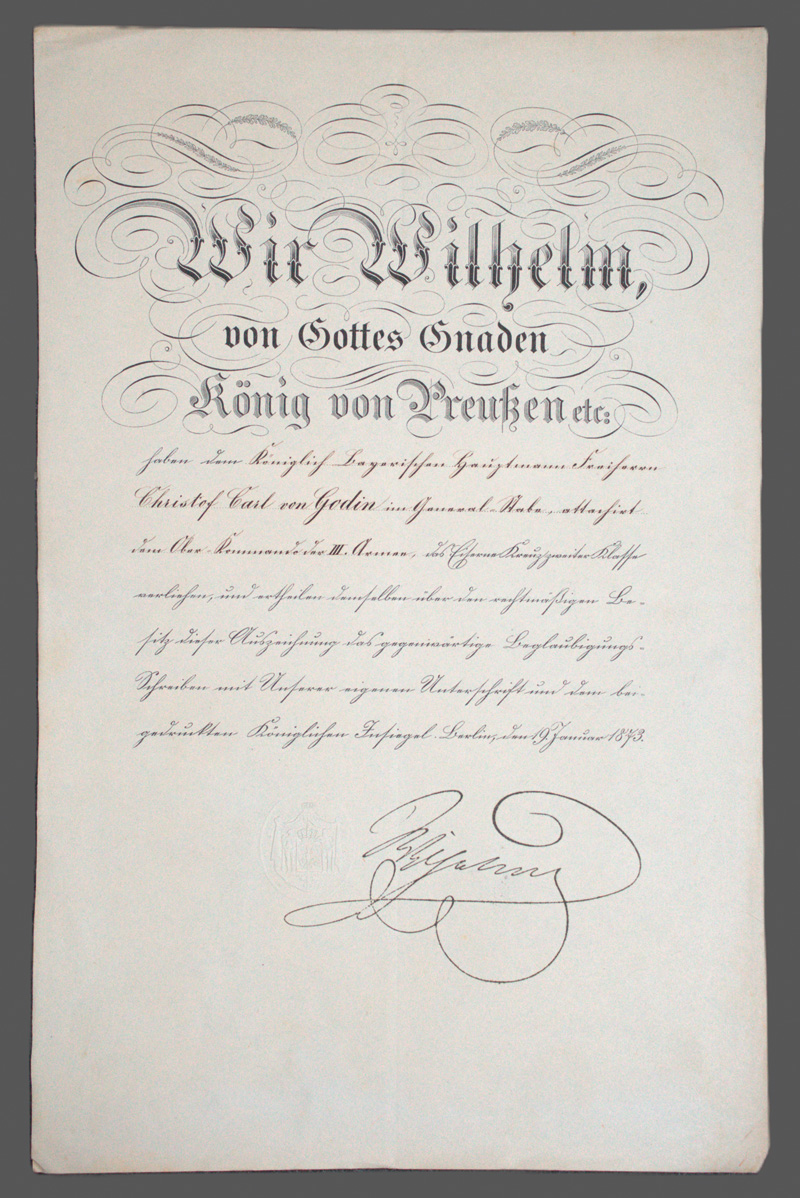 Lot 2602, Auction  126, Wilhelm I., Deutscher Kaiser, König von Preußen, Urkunde: Verleihung des Eisernen Kreuzes II. Kl. 1873