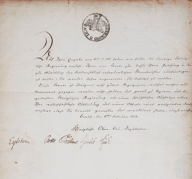 Lot 2620, Auction  126, Schinkel, Karl Friedrich, Brief an einen Feldmesser-Aspiranten. 1818