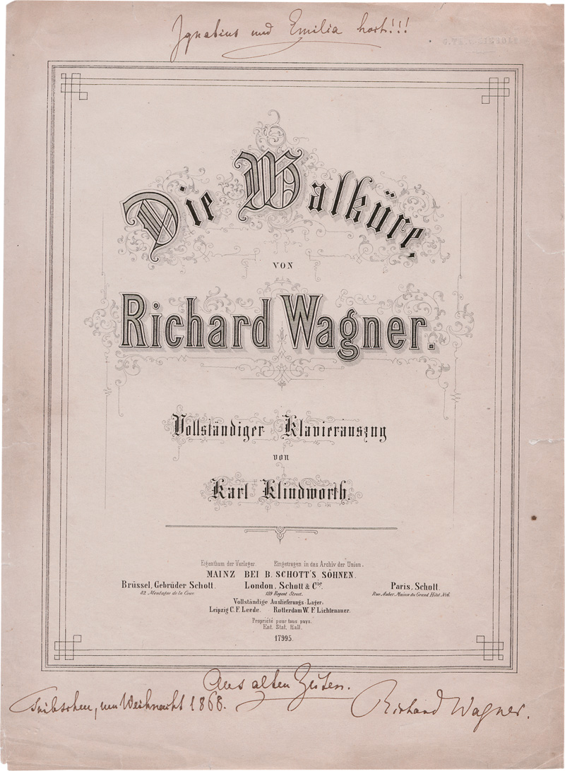 Lot 2635, Auction 126, Wagner, Richard, Widmung auf dem Umschlagblatt eines Klavierauszugs. 1868