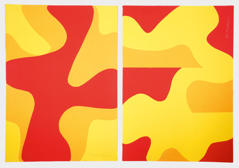 Lot 3167, Auction  126, Iizuka, Hashiro, 2 abstrakte signierte Farbcollagen in Gelb, Orange und Rot