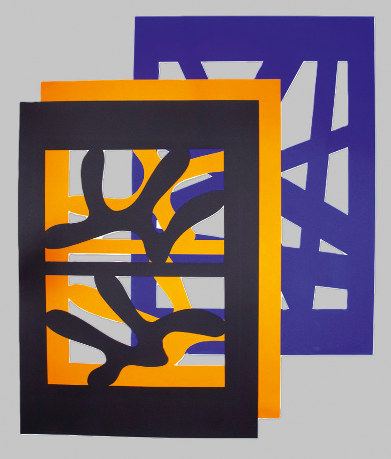 Lot 3169, Auction  126, Iizuka, Hashiro, 6 abstrakte großformatige Scherenschnitte in Blau, Gelb und Schwarz