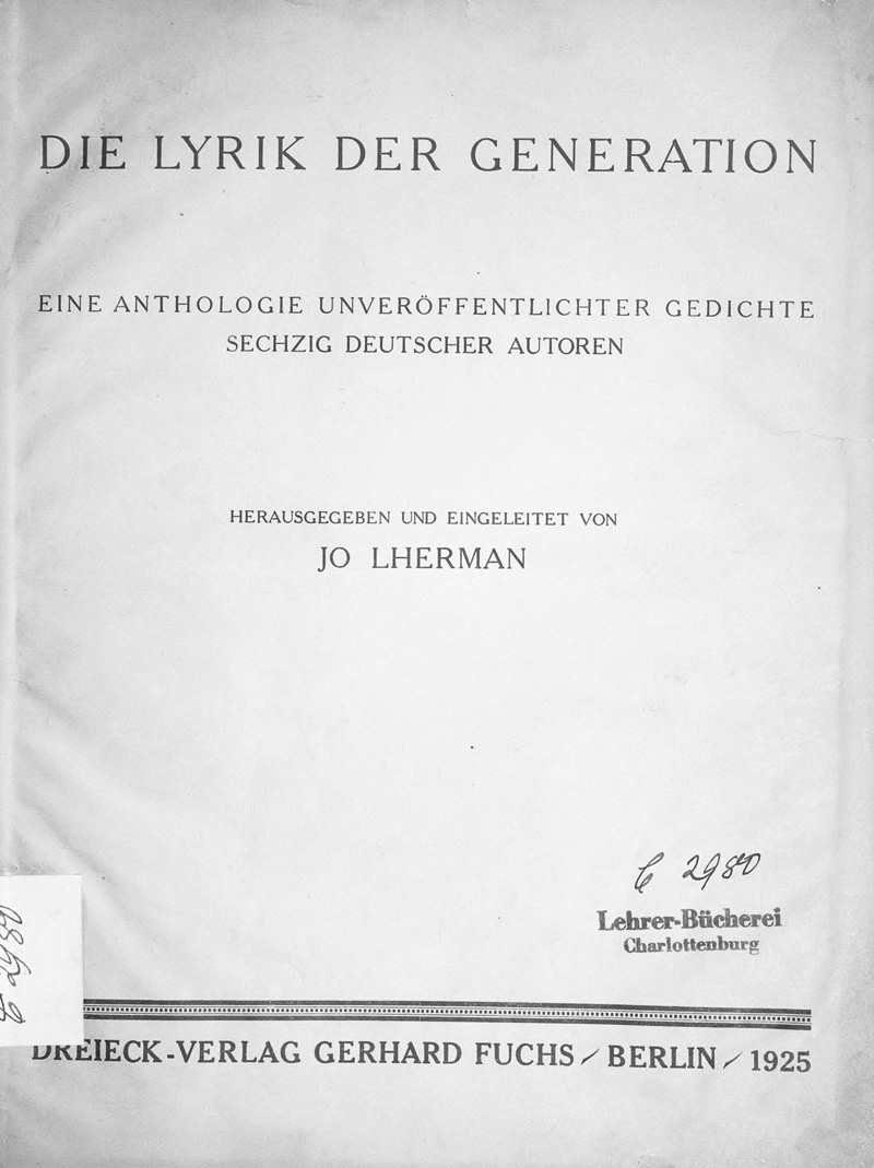 Lot 3301, Auction 126, Lherman, Jo, Die Lyrik der Generation. Berlin 1925