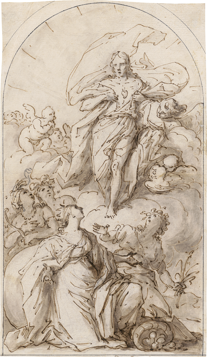 Lot 6573, Auction 126, Piattoli, Giuseppe, Christi auf Wolken umgeben von Engeln, angebetet von vier weiblichen Figuren