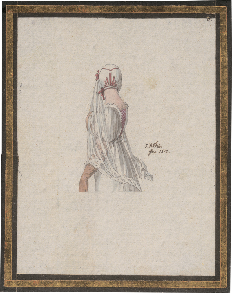 Lot 6619, Auction 126, Klein, Johann Adam, Kostümstudie einer jungen Frau in Rückenansicht mit Haube, Schleier und Handschuhen