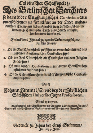Lot 1250, Auction  127, Himmel, Johann, Calvinistischer Schaffspeltz des berlinischen Berichters