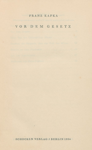 Lot 3175, Auction  127, Kafka, Franz, Vor dem Gesetz. (Hrsg. von H. Politzer). Berlin 1934