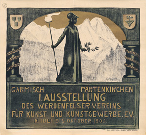 Lot 3390, Auction  127, Mirwald, Ferdinand, I. Ausstellung des Werdenfelser-Vereins für Kunst und Kunstgewerbe. Farblithographie mit Golddruck.