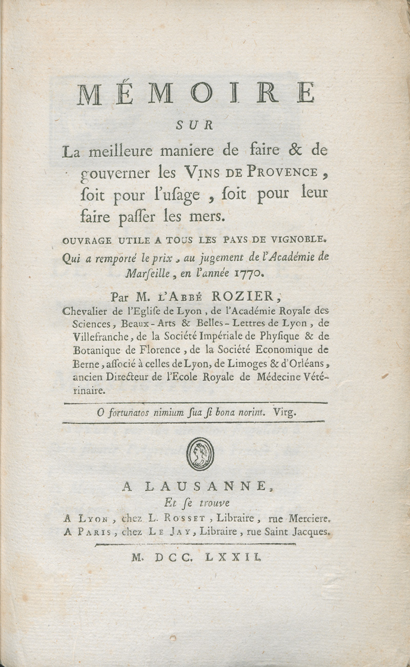 Lot 377, Auction  127, Rozier, Jean François, Mémoire sur la meilleure maniere de faire & de gouverner les vins de Provence