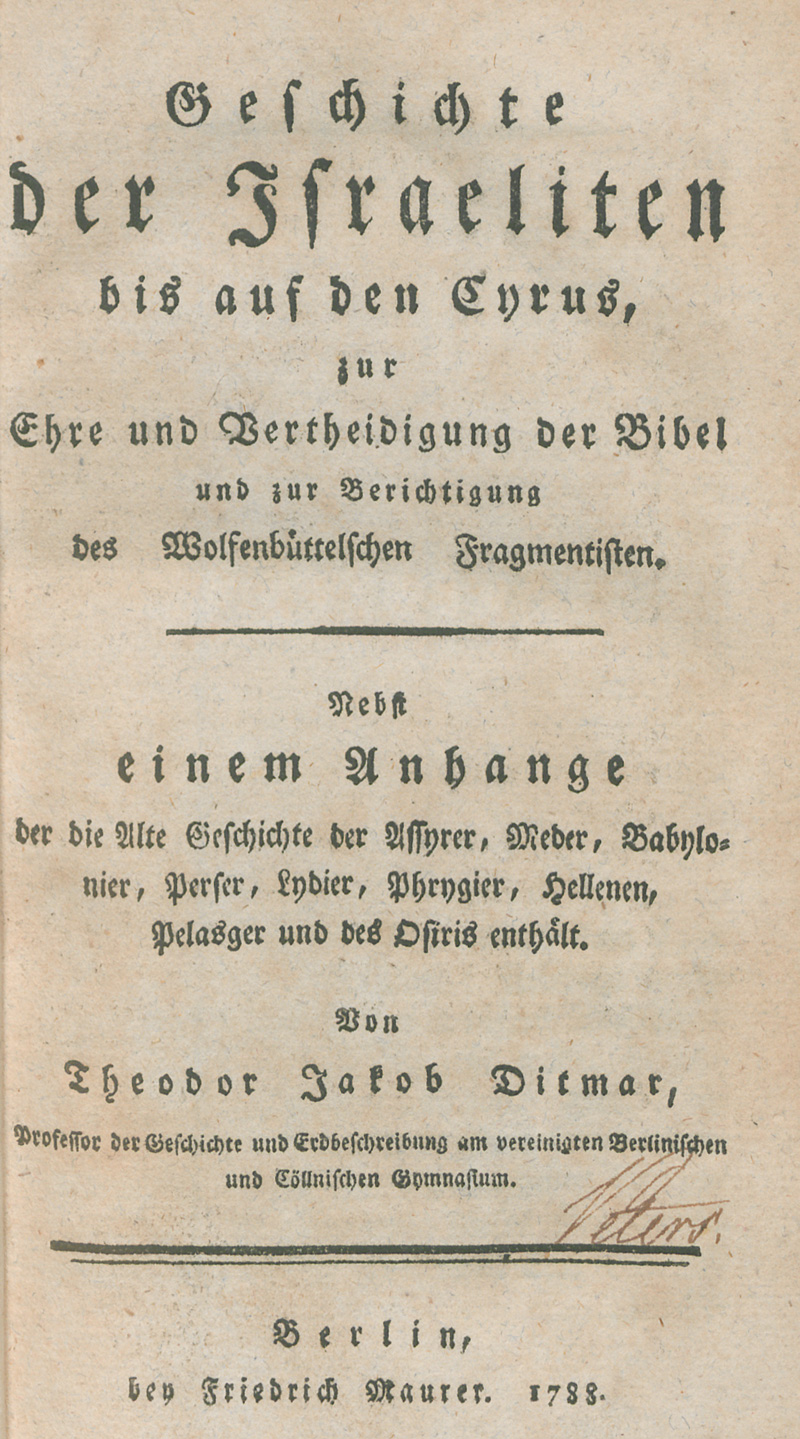 Lot 405, Auction  127, Ditmar, Theodor Jakob, Geschichte der Israeliten bis auf  den Cyrus